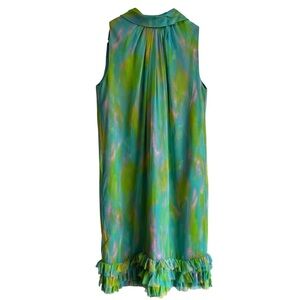 Vintage 60s Irving Nadler Watercolor Shift Dress S/M Green Sleeveless Ruffle Mod